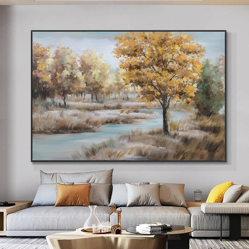 Creek-Autumn River Landscape Oil Painting with Golden Trees | Serene Nature Wall Art for Home Decor