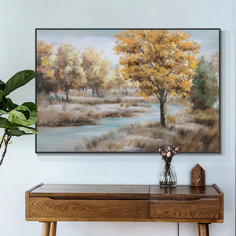 Creek-Autumn River Landscape Oil Painting with Golden Trees | Serene Nature Wall Art for Home Decor