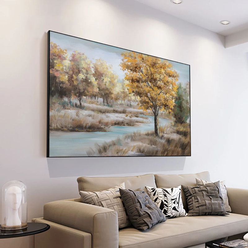 Creek-Autumn River Landscape Oil Painting with Golden Trees | Serene Nature Wall Art for Home Decor