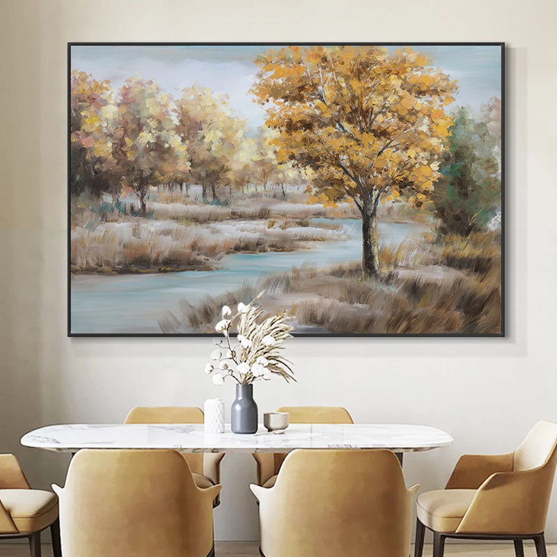 Creek-Autumn River Landscape Oil Painting with Golden Trees | Serene Nature Wall Art for Home Decor