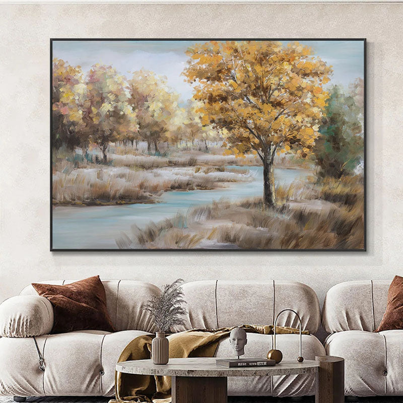 Creek-Autumn River Landscape Oil Painting with Golden Trees | Serene Nature Wall Art for Home Decor