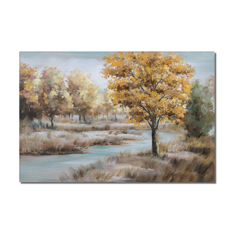 Autumn River Landscape Oil Painting with Golden Trees | Serene Nature Wall Art for Home Decor