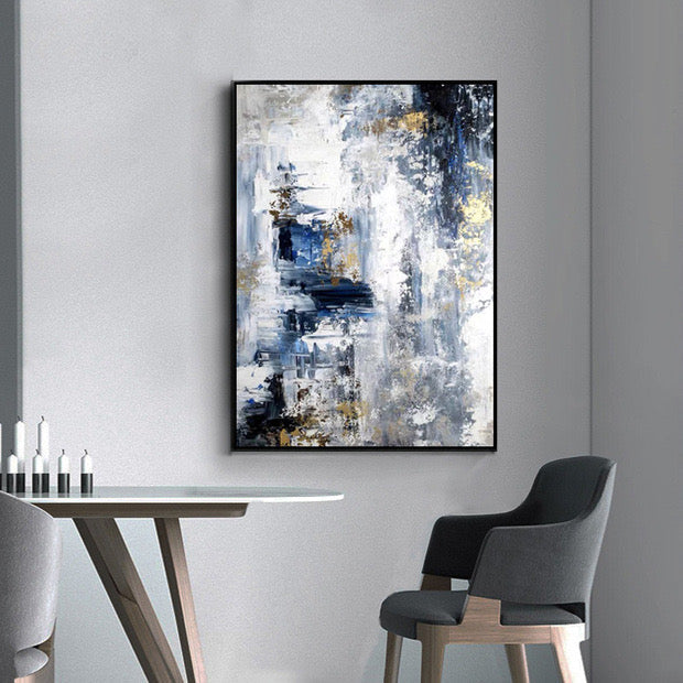 Urban Tranquility – Luxury Hand-Painted Abstract Canvas Art in Blue, Gray & Gold