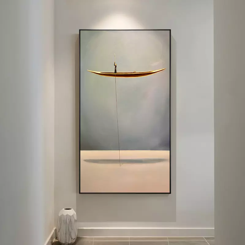 Distance-Minimalist Abstract Art of Golden Boat Painting for Tranquil Home Decor