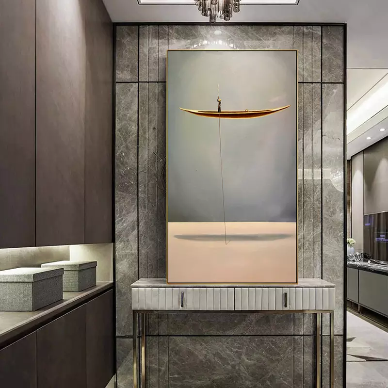 Distance-Minimalist Abstract Art of Golden Boat Painting for Tranquil Home Decor