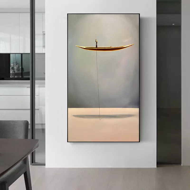 Distance-Minimalist Abstract Art of Golden Boat Painting for Tranquil Home Decor