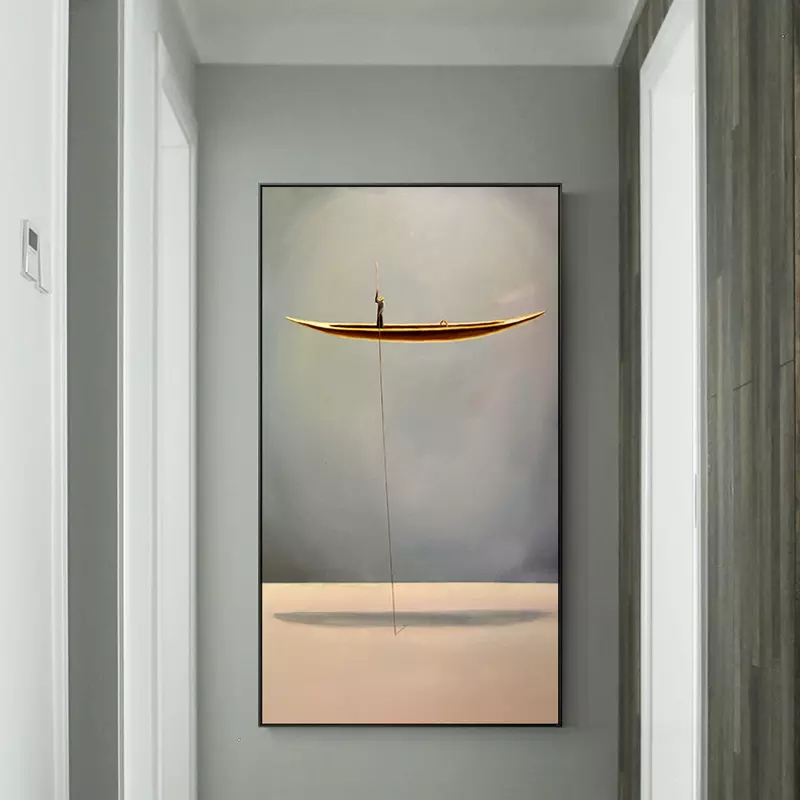Distance-Minimalist Abstract Art of Golden Boat Painting for Tranquil Home Decor