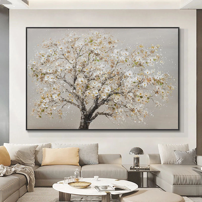 Endurance-Textured White Flowering Tree Oil Painting | Modern Wall Art for Home Decor