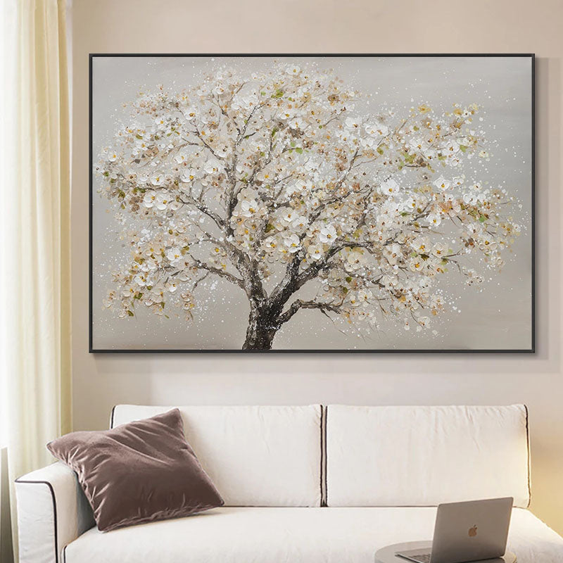 Endurance-Textured White Flowering Tree Oil Painting | Modern Wall Art for Home Decor