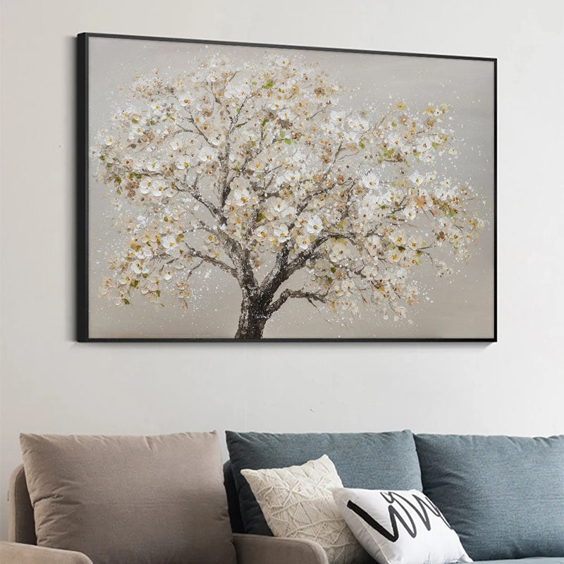 Endurance-Textured White Flowering Tree Oil Painting | Modern Wall Art for Home Decor