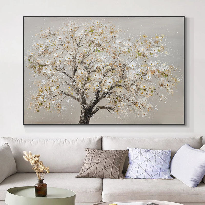 Endurance-Textured White Flowering Tree Oil Painting | Modern Wall Art for Home Decor