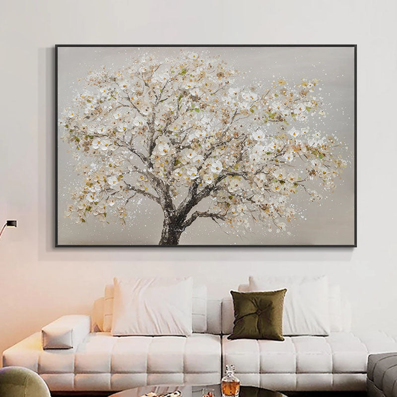 Endurance-Textured White Flowering Tree Oil Painting | Modern Wall Art for Home Decor