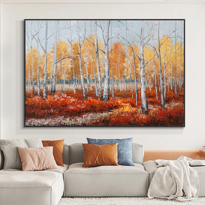 Forest in Autumn- Birch Forest Oil Painting, Golden Foliage Landscape Wall Art for Home Decor