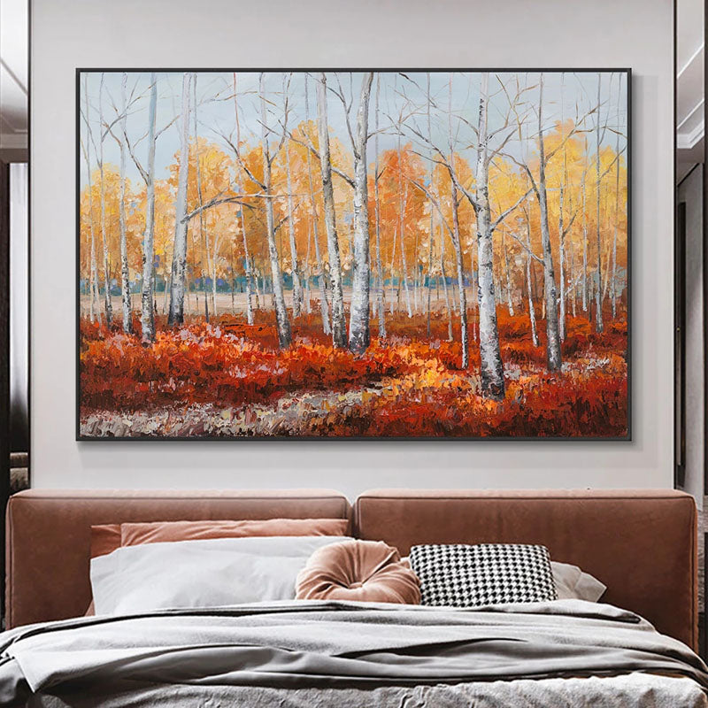 Forest in Autumn- Birch Forest Oil Painting, Golden Foliage Landscape Wall Art for Home Decor