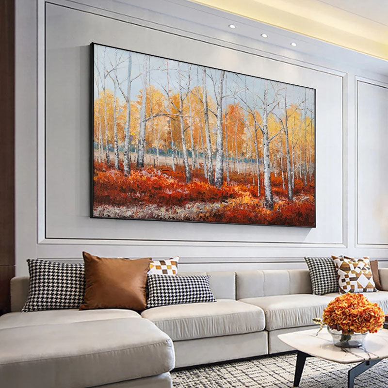 Forest in Autumn- Birch Forest Oil Painting, Golden Foliage Landscape Wall Art for Home Decor