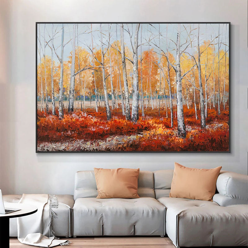 Forest in Autumn- Birch Forest Oil Painting, Golden Foliage Landscape Wall Art for Home Decor