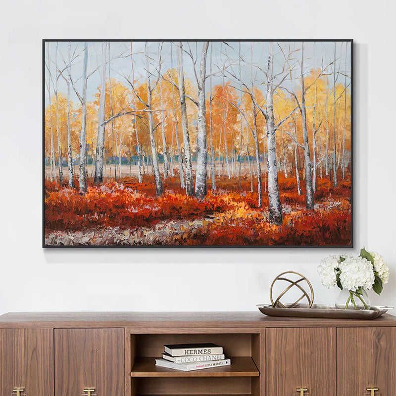 Forest in Autumn- Birch Forest Oil Painting, Golden Foliage Landscape Wall Art for Home Decor