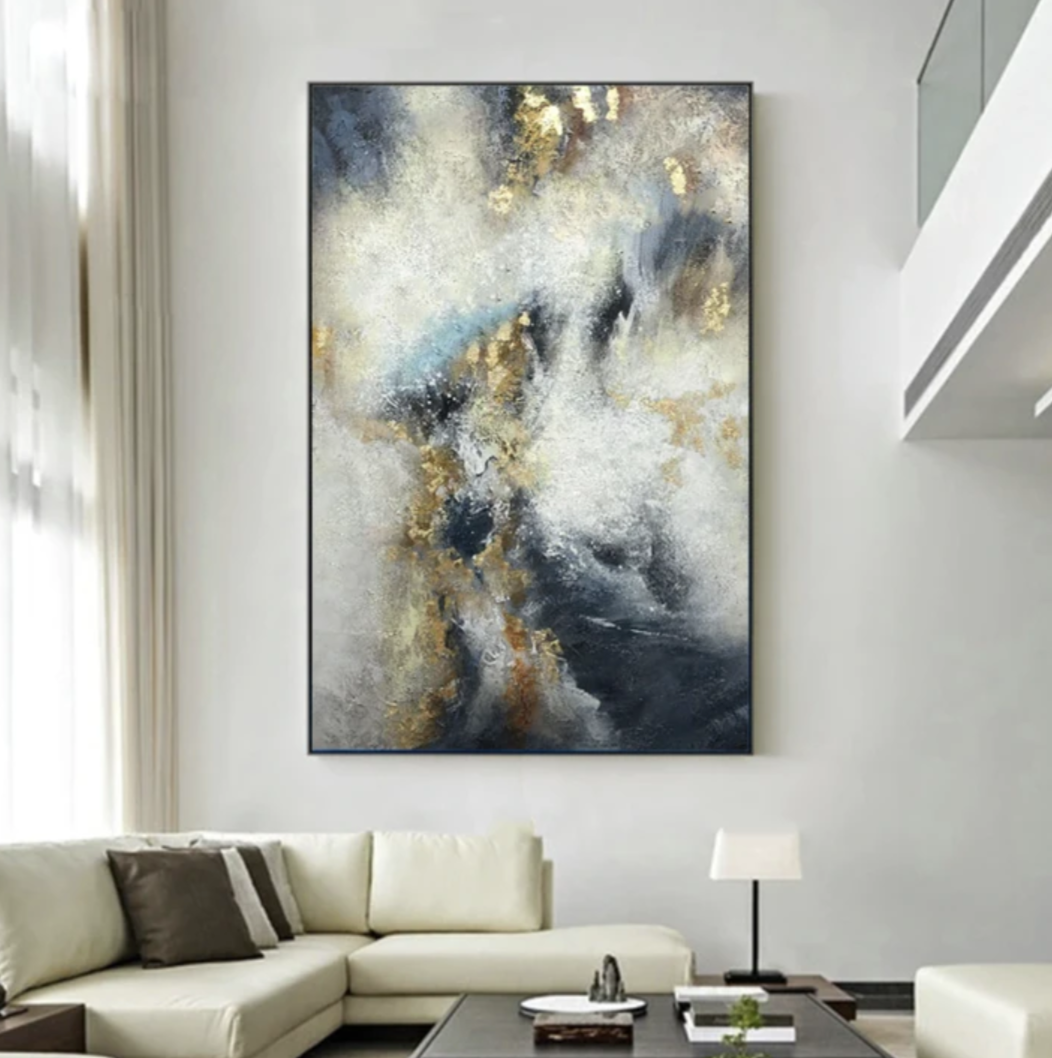 Galaxy-Abstract Blue Gray Bronze Wall Art with Gold Foil Accent