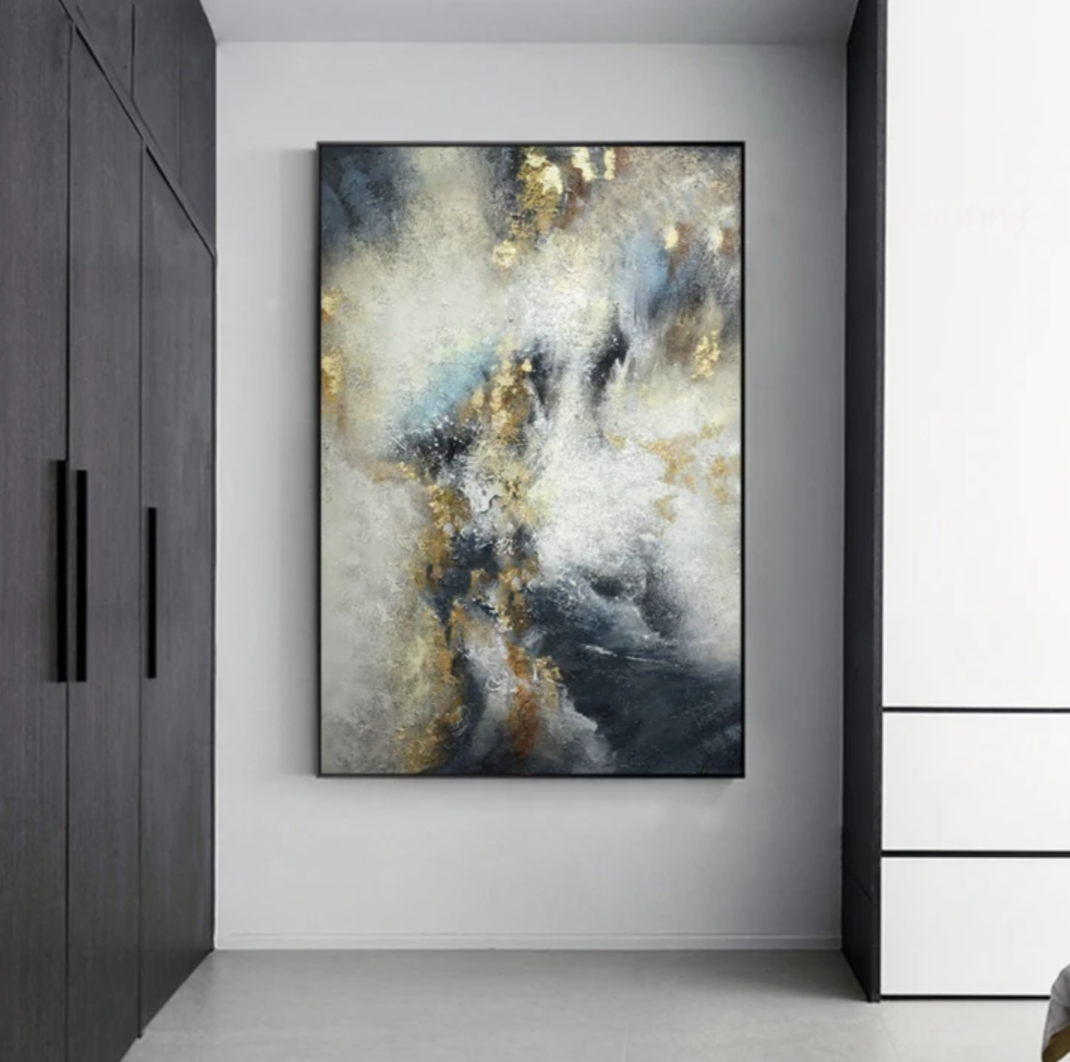 Galaxy-Abstract Blue Gray Bronze Wall Art with Gold Foil Accent