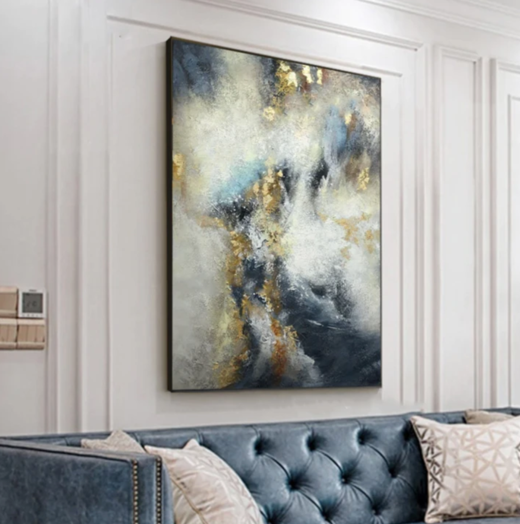 Galaxy-Abstract Blue Gray Bronze Wall Art with Gold Foil Accent