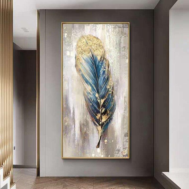 Golden Feather-Vintage-Inspired Feather Wall Art - Blue Gold Foil Textured Vertical Decor for Modern Interiors