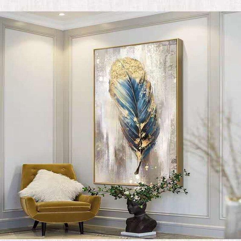 Golden Feather-Vintage-Inspired Feather Wall Art - Blue Gold Foil Textured Vertical Decor for Modern Interiors