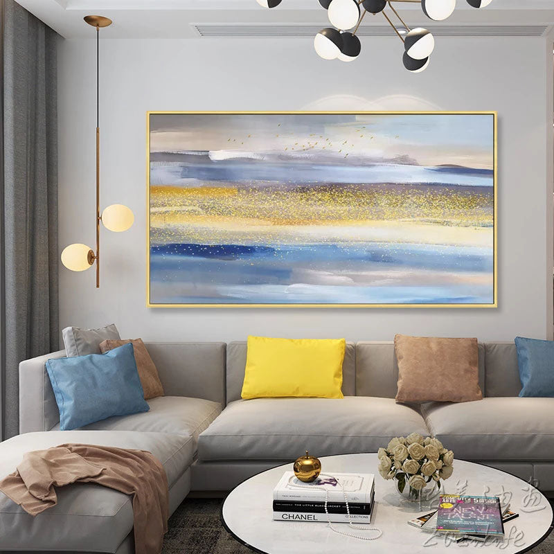 Golden Road – Abstract Landscape Oil Painting with Gold & Blue Tones, Tranquil Art for Home Decor