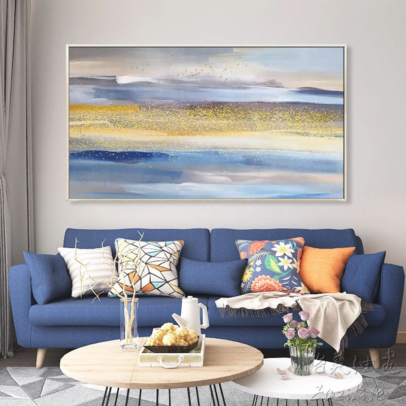 Golden Road – Abstract Landscape Oil Painting with Gold & Blue Tones, Tranquil Art for Home Decor
