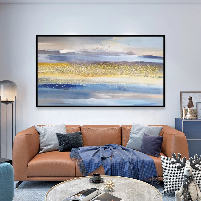Golden Road – Abstract Landscape Oil Painting with Gold & Blue Tones, Tranquil Art for Home Decor