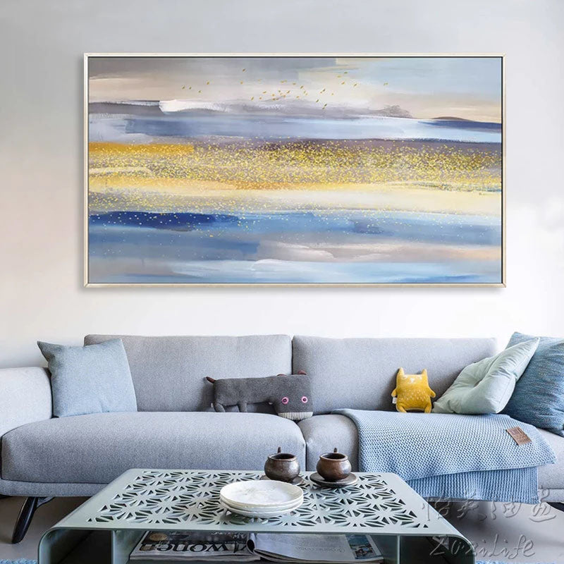 Golden Road – Abstract Landscape Oil Painting with Gold & Blue Tones, Tranquil Art for Home Decor