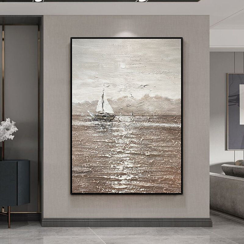 Lonely Sailor: Impasto Black Brown Seascape Art - Sailing Boat Decor for Modern Homes