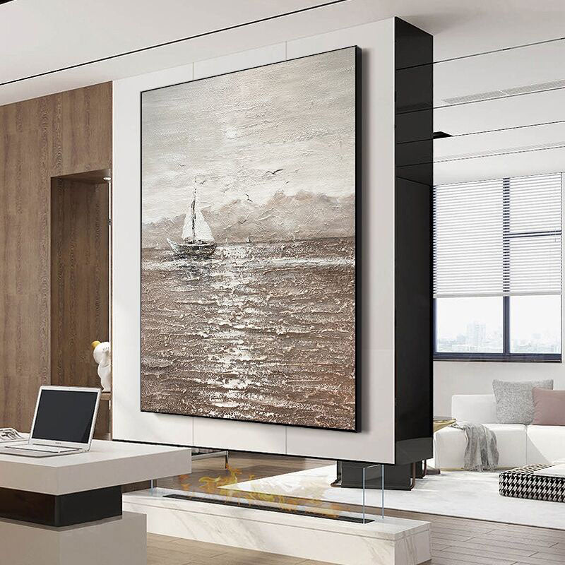 Lonely Sailor: Impasto Black Brown Seascape Art - Sailing Boat Decor for Modern Homes