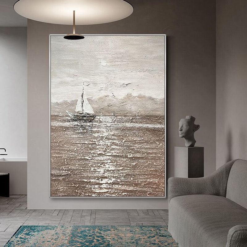 Lonely Sailor: Impasto Black Brown Seascape Art - Sailing Boat Decor for Modern Homes