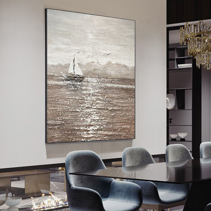 Lonely Sailor: Impasto Black Brown Seascape Art - Sailing Boat Decor for Modern Homes
