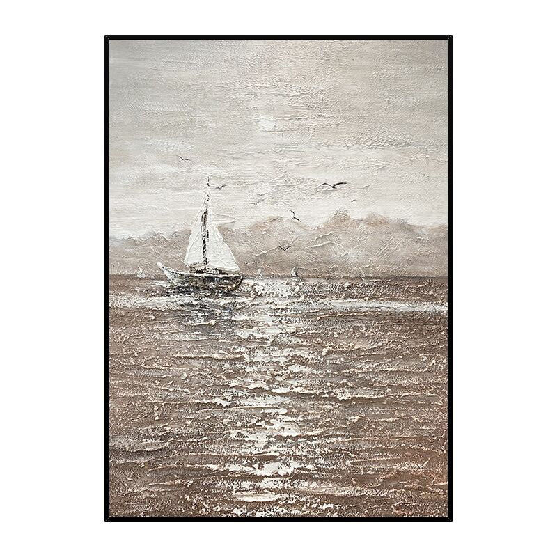 Lonely Sailor: Impasto Black Brown Seascape Art - Sailing Boat Decor for Modern Homes