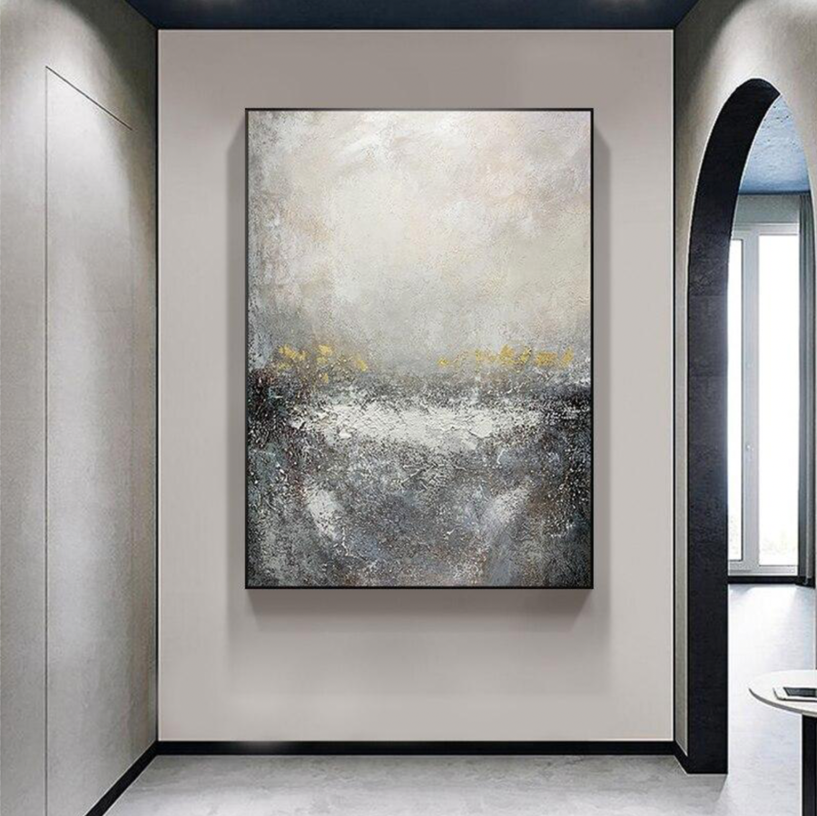 Mineral-Minimalist Abstract Textured Neutral Gray & Subtle Gold Accents, Serene Wall Art for Living Room