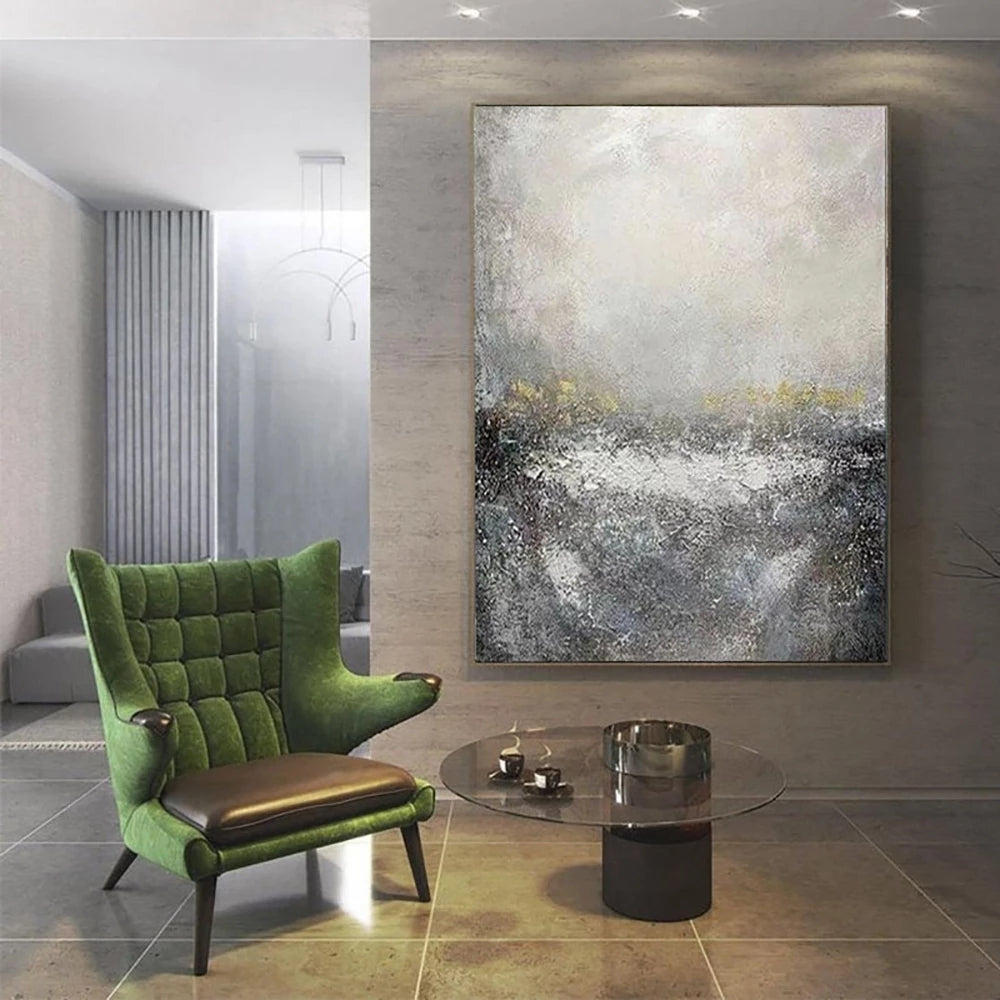 Mineral-Minimalist Abstract Textured Neutral Gray & Subtle Gold Accents, Serene Wall Art for Living Room