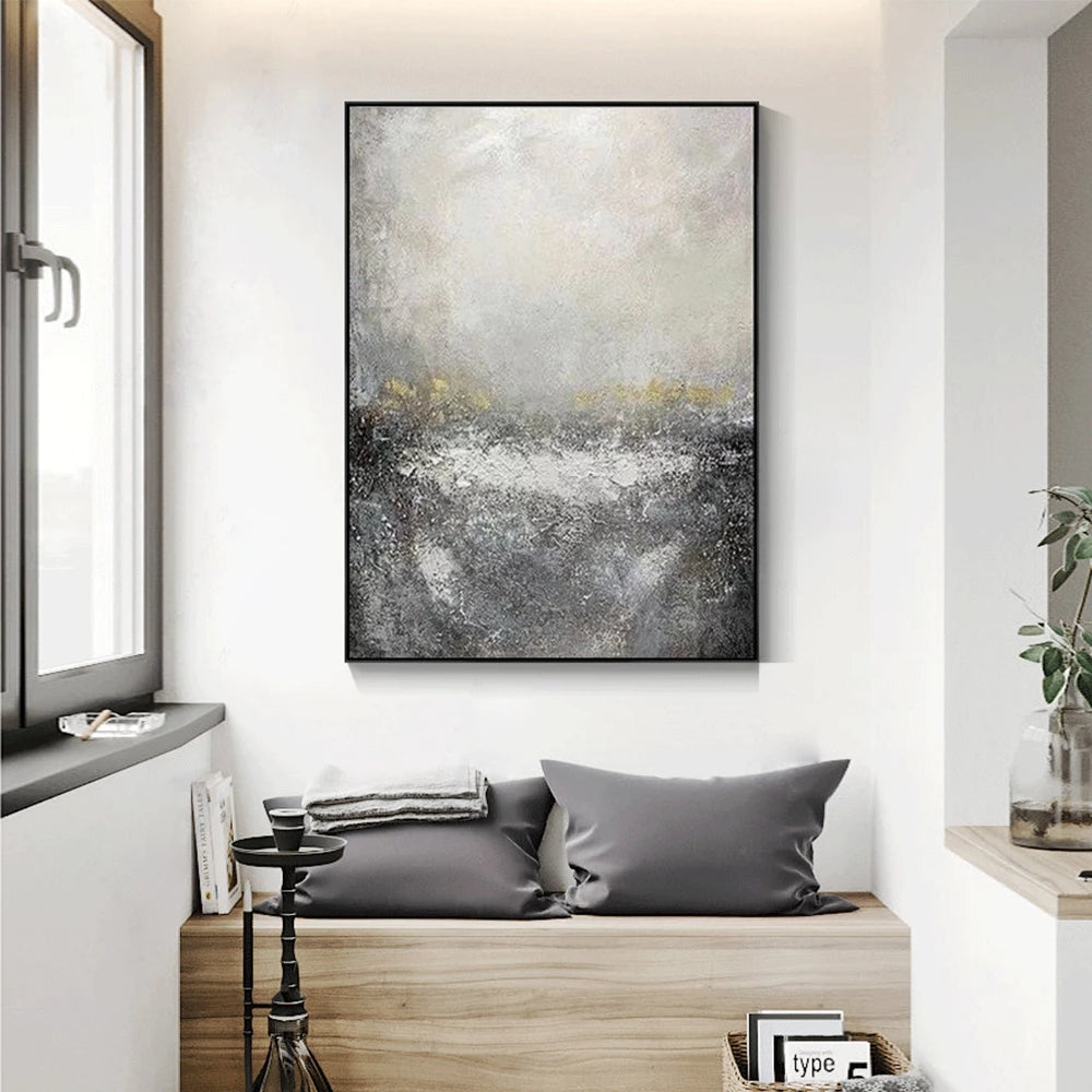Mineral-Minimalist Abstract Textured Neutral Gray & Subtle Gold Accents, Serene Wall Art for Living Room