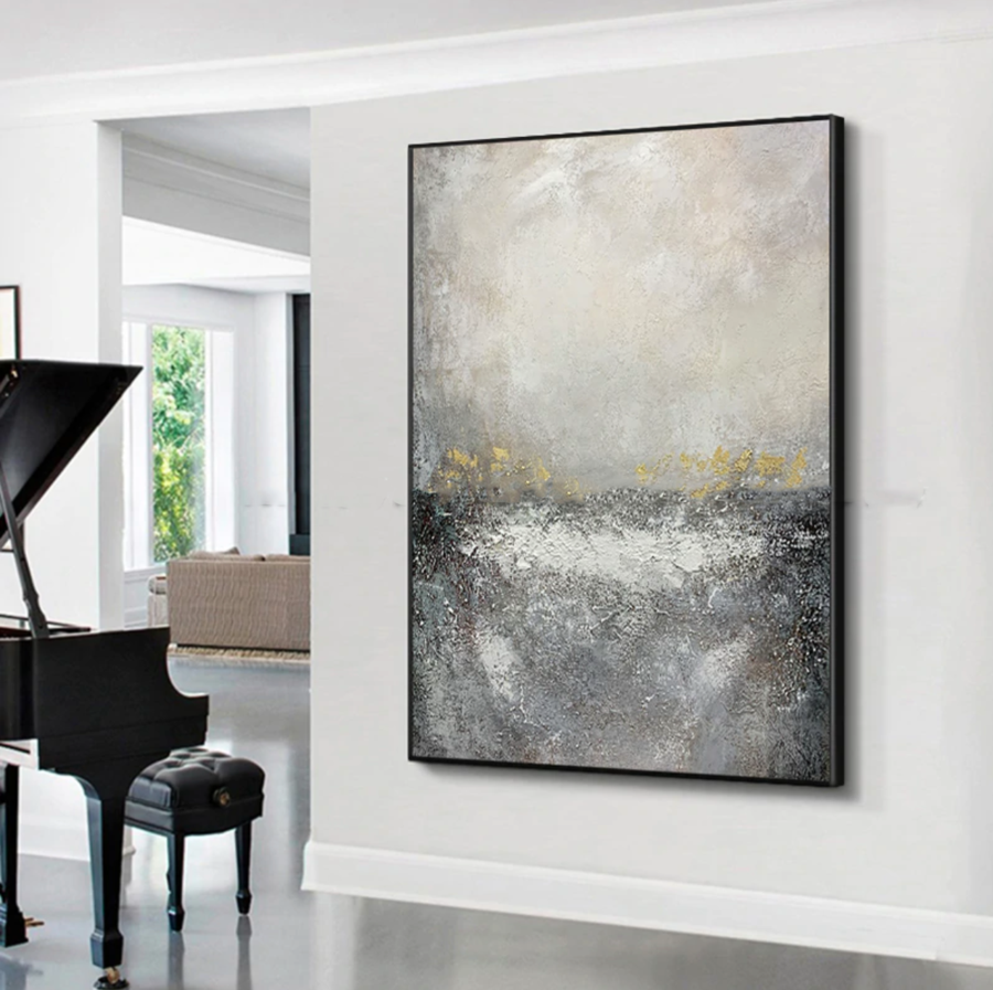 Mineral-Minimalist Abstract Textured Neutral Gray & Subtle Gold Accents, Serene Wall Art for Living Room