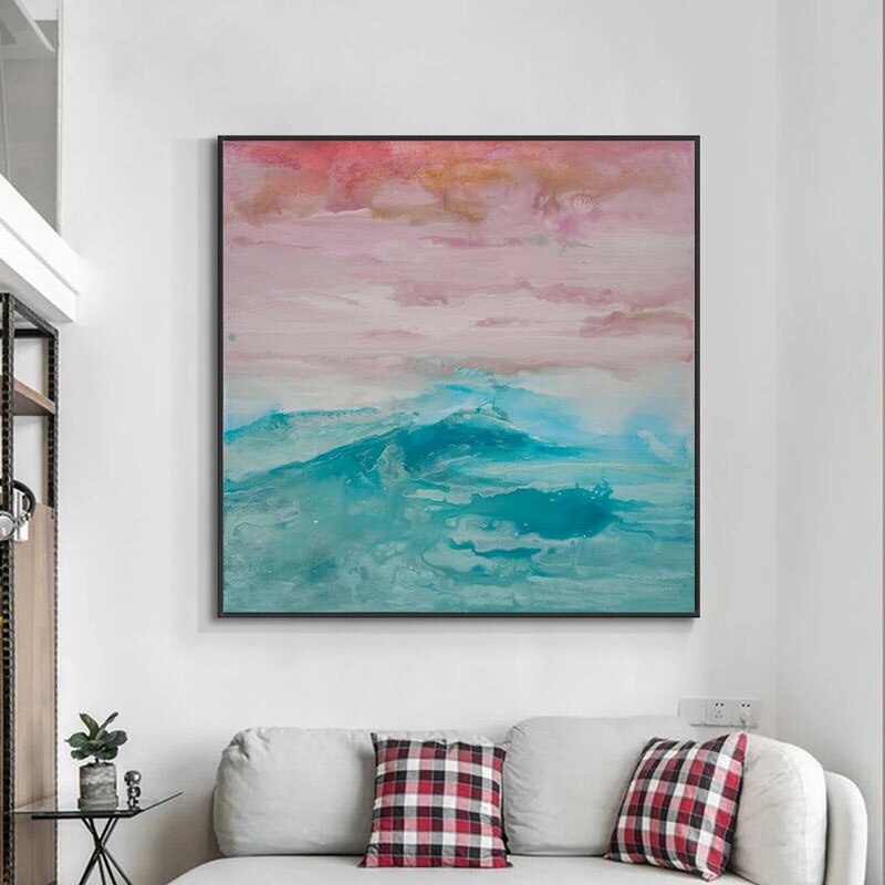 Mystic Sunset-Abstract Ocean Wave Wall Art, Pastel Sky & Teal Sea Painting for Home Decoration