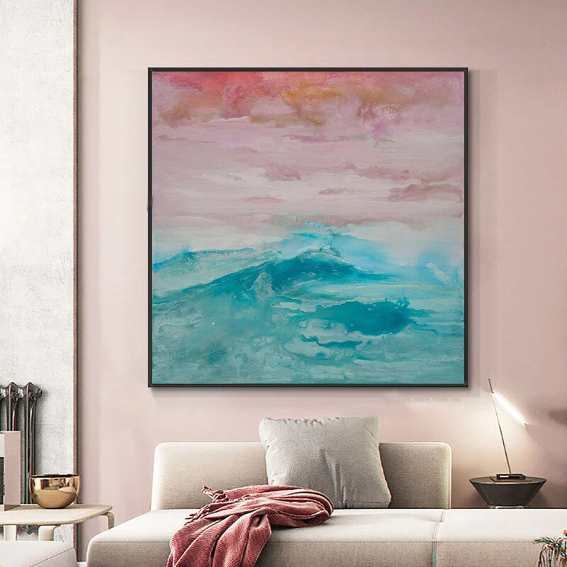 Mystic Sunset-Abstract Ocean Wave Wall Art, Pastel Sky & Teal Sea Painting for Home Decoration