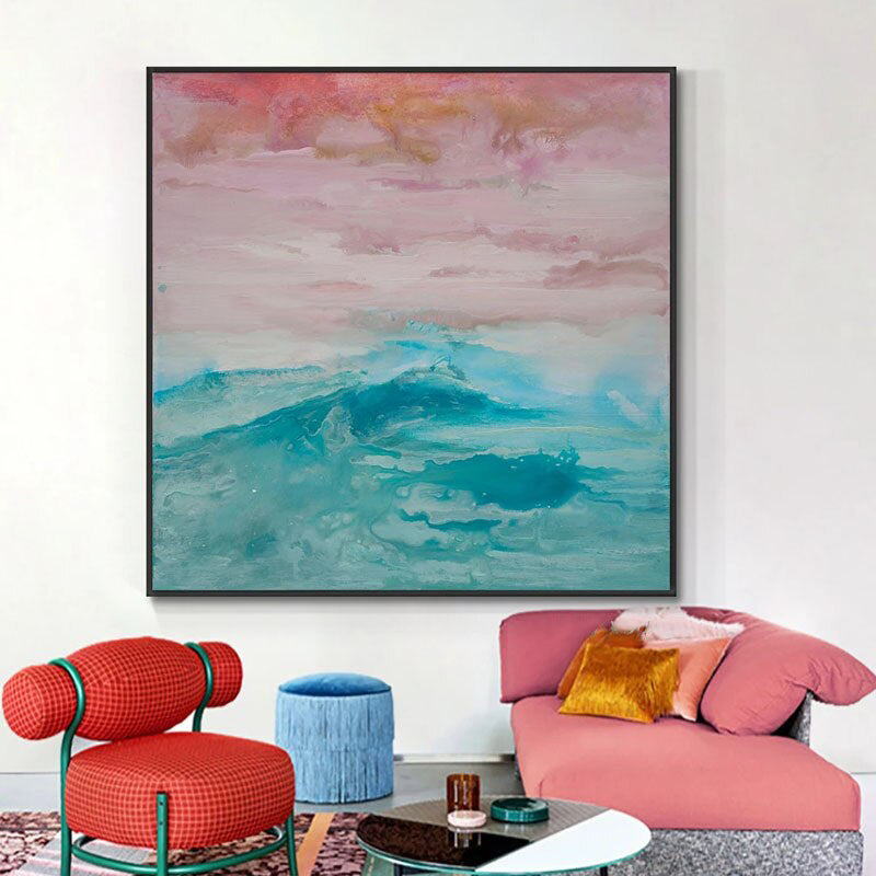 Mystic Sunset-Abstract Ocean Wave Wall Art, Pastel Sky & Teal Sea Painting for Home Decoration