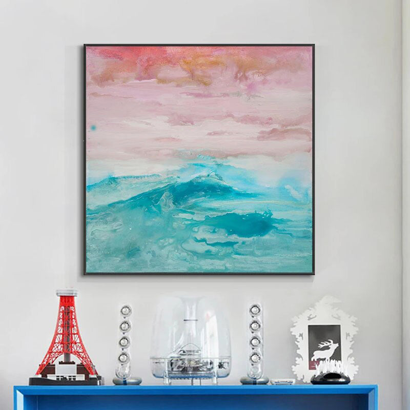 Mystic Sunset-Abstract Ocean Wave Wall Art, Pastel Sky & Teal Sea Painting for Home Decoration
