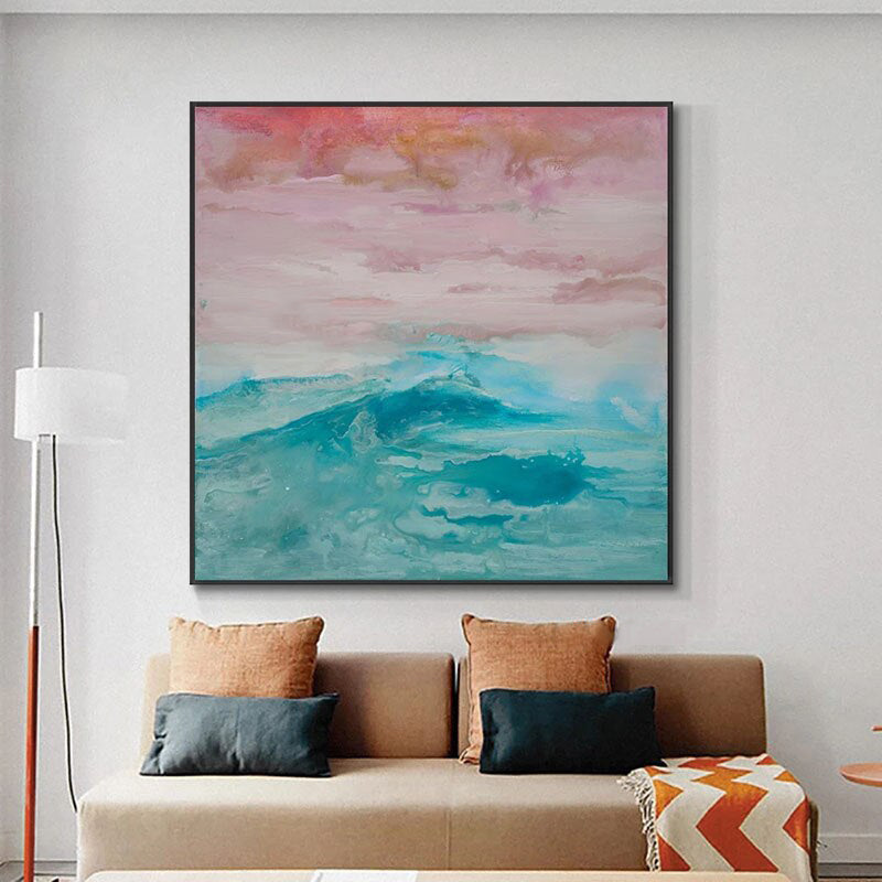 Mystic Sunset-Abstract Ocean Wave Wall Art, Pastel Sky & Teal Sea Painting for Home Decoration