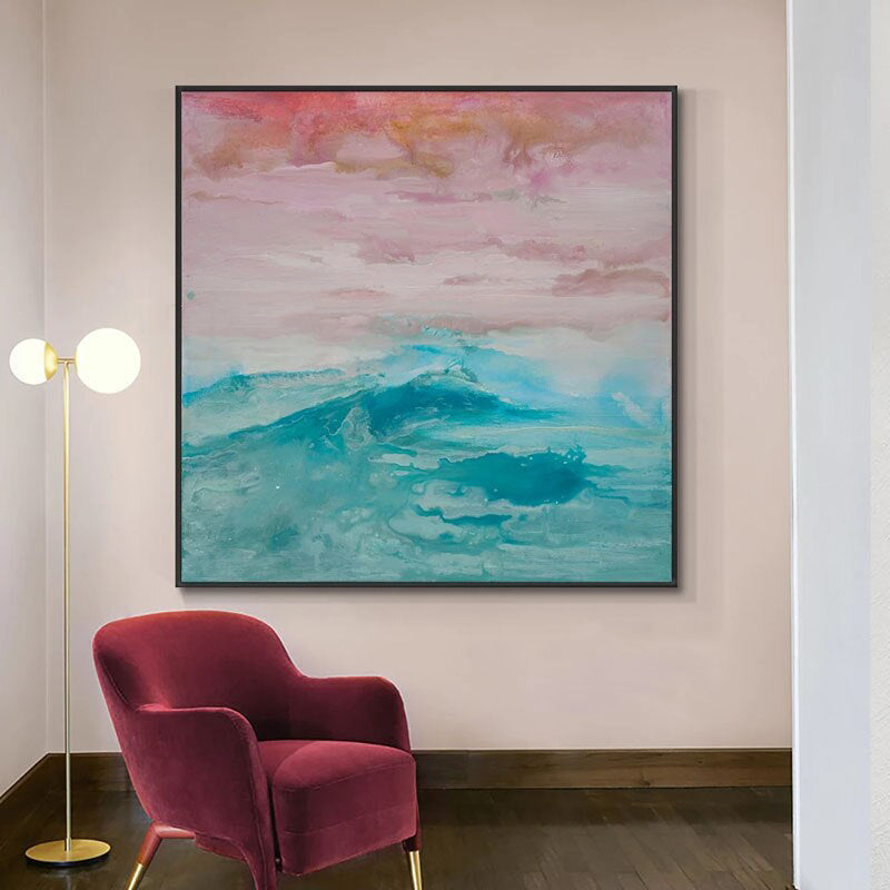 Mystic Sunset-Abstract Ocean Wave Wall Art, Pastel Sky & Teal Sea Painting for Home Decoration