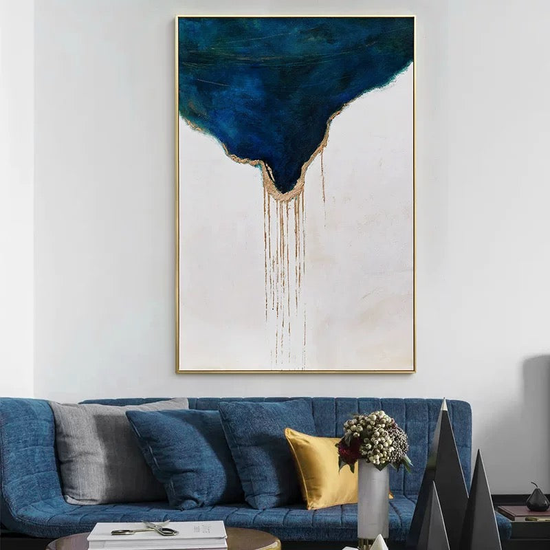 Navy – Abstract Textured Oil Painting with Gold Drip