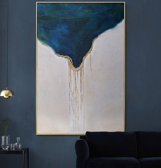 Navy – Abstract Textured Oil Painting with Gold Drip