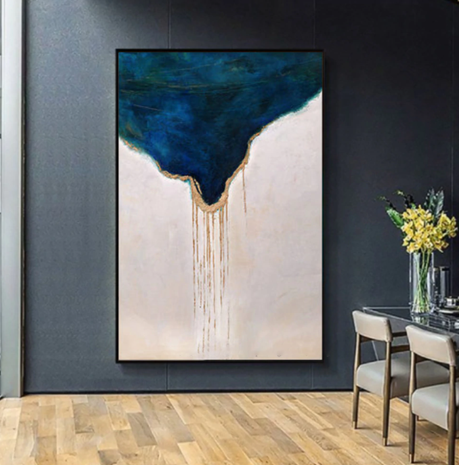 Navy – Abstract Textured Oil Painting with Gold Drip