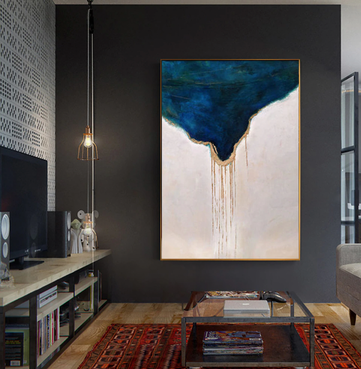 Navy – Abstract Textured Oil Painting with Gold Drip