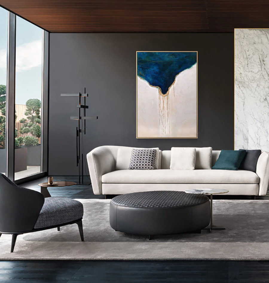 Navy – Abstract Textured Oil Painting with Gold Drip